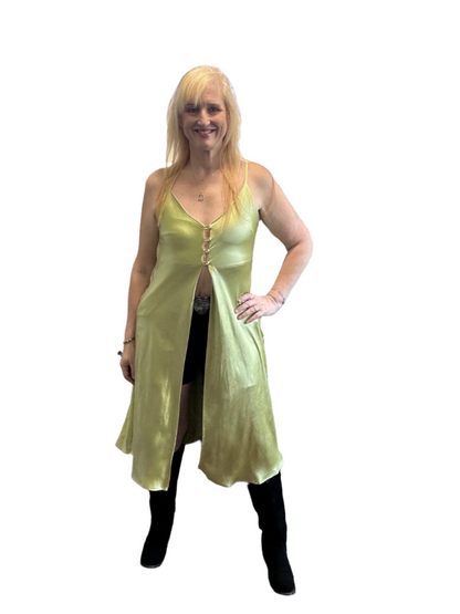 Green Elegant Duster Adjustable Tank with Rhinestone Buttons by ITOO