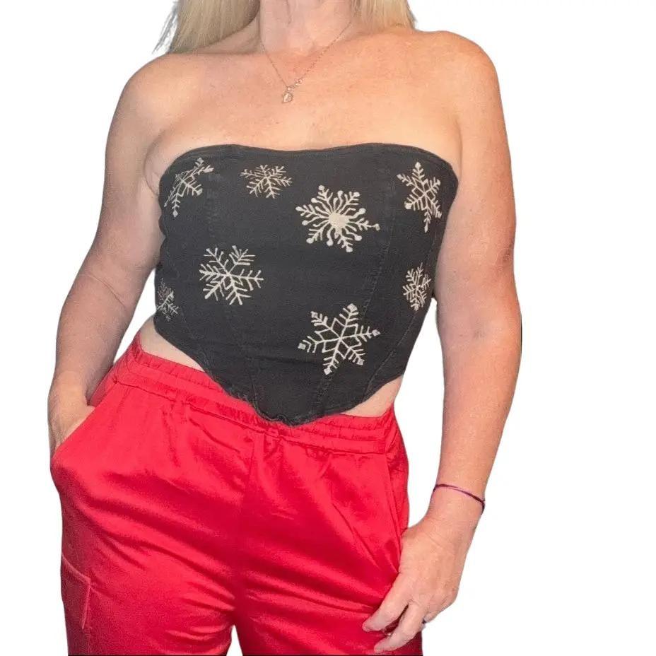 Snowflake Strapless Asymmetrical Hem Denim Tube Top for Women - Christmas Winter Black Zip Back with Silicon Hand Bleached Fit Jeans Perfect for Holiday Party Lace Skirt Casual Satin