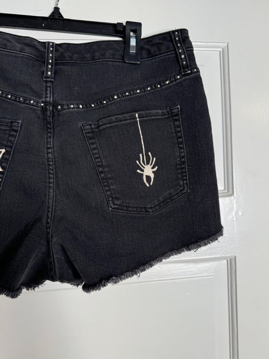 Spider and Web Design Hand Bleached   Mid Rise Shorts -  "Wild Fable"  Repurposed  Size 8  with Cuffed Hem