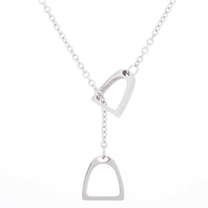 Equestrian Stirrups Link Chain Lariat Necklace in Silver and Gold – Stainless Steel, Waterproof, Coastal Chic Jewelry-SILVER