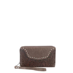 Solei Tooled Leather Wallet Wristlet in Coffee with stud and scallops Rhinestone Lacing and Removable Strap by Montana West