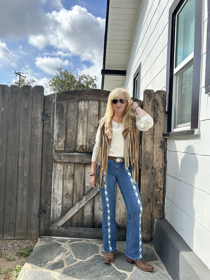 The Shae Camel Short Fringe Vest - Faux Leather by ITOO