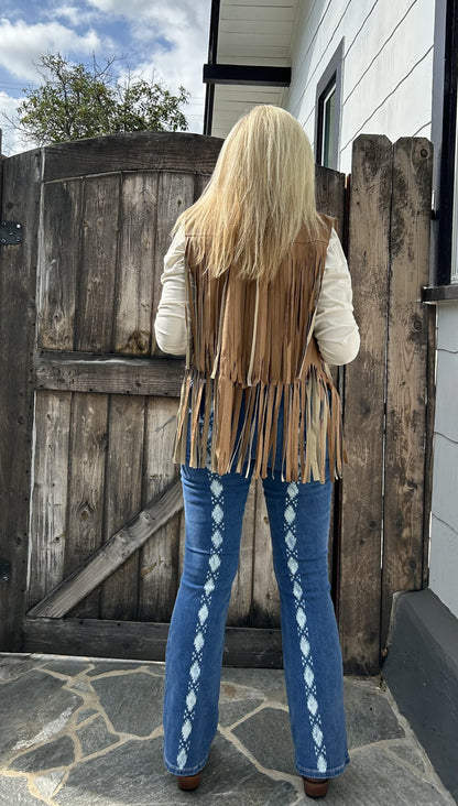 The Shae Camel Short Fringe Vest - Faux Leather by ITOO
