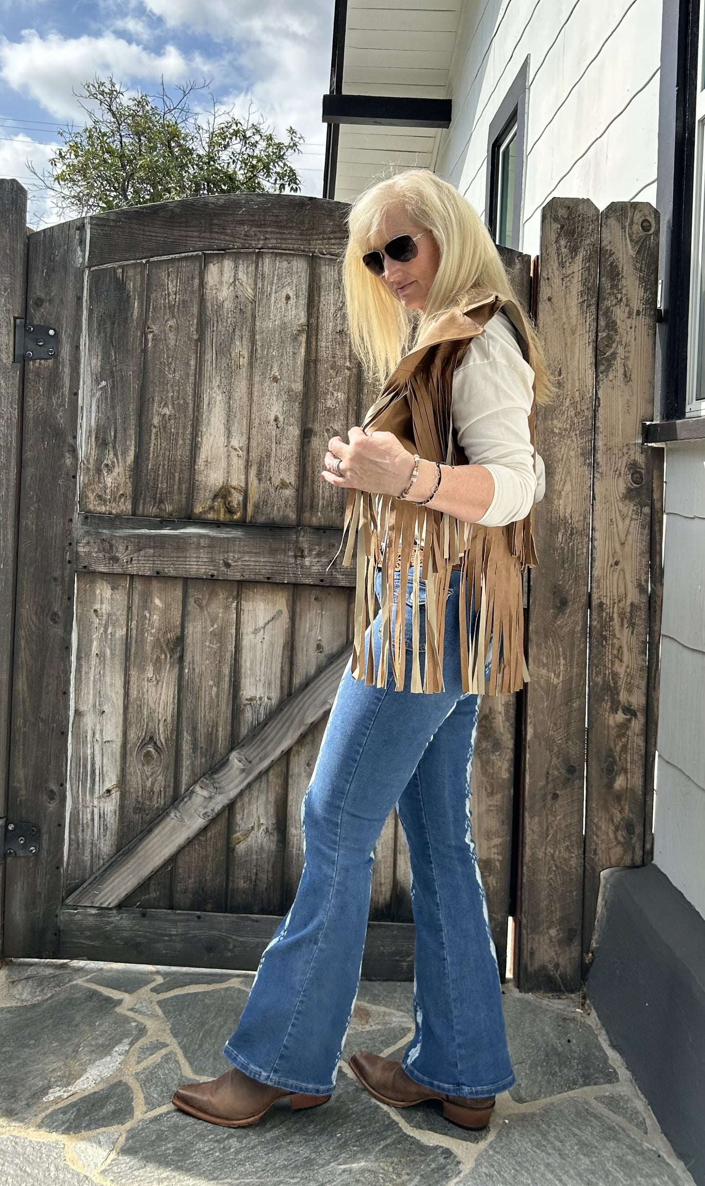 The Shae Camel Short Fringe Vest - Faux Leather by ITOO