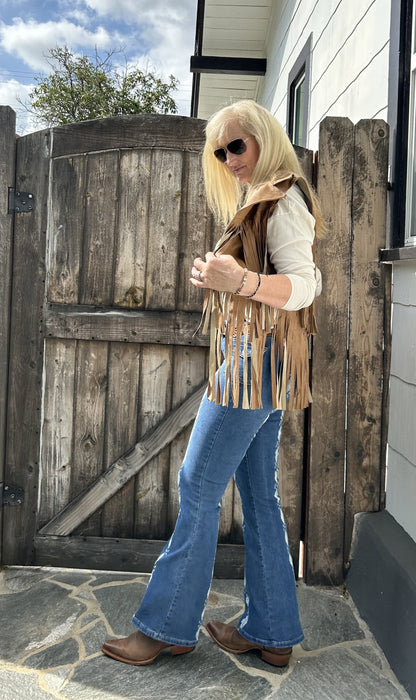 The Shae Camel Short Fringe Vest - Faux Leather by ITOO