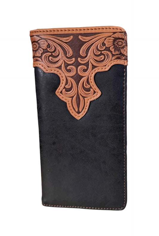 VORTEX Men's Long Bifold Wallet in Embossed Vintage Floral PU Leather – Western-Inspired Slim Long and Short Wallet with Card Slots-front