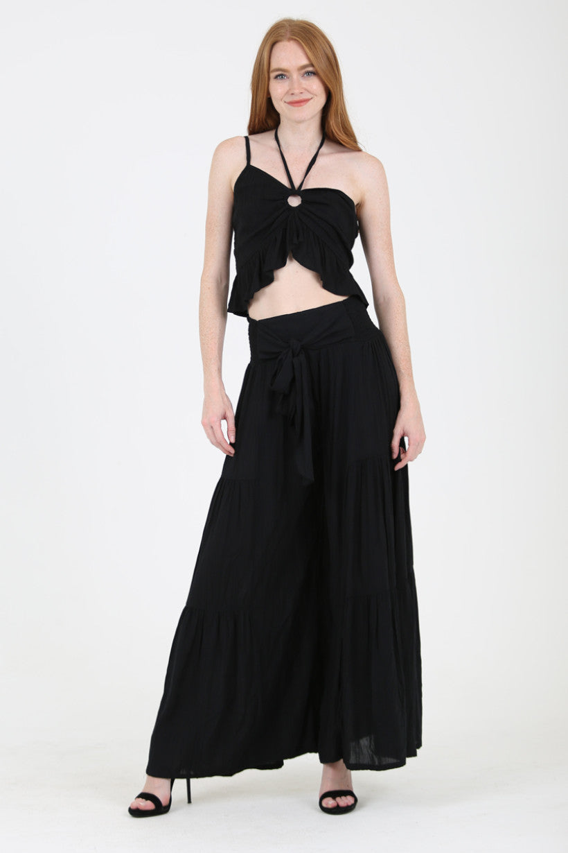 Lennox Comfort Tie Elastic Waist Tiered Wide Leg Black Pant