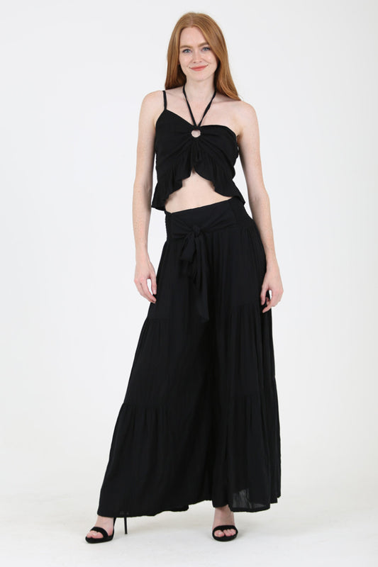 Lennox Comfort Tie Elastic Waist Tiered Wide Leg Black Pant