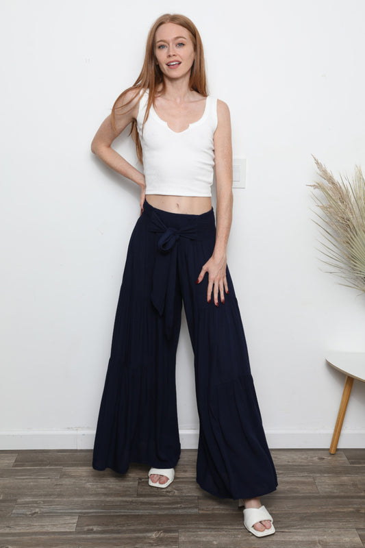 Lennox Comfort Tie Elastic Waist Tiered Wide Leg Black Pant