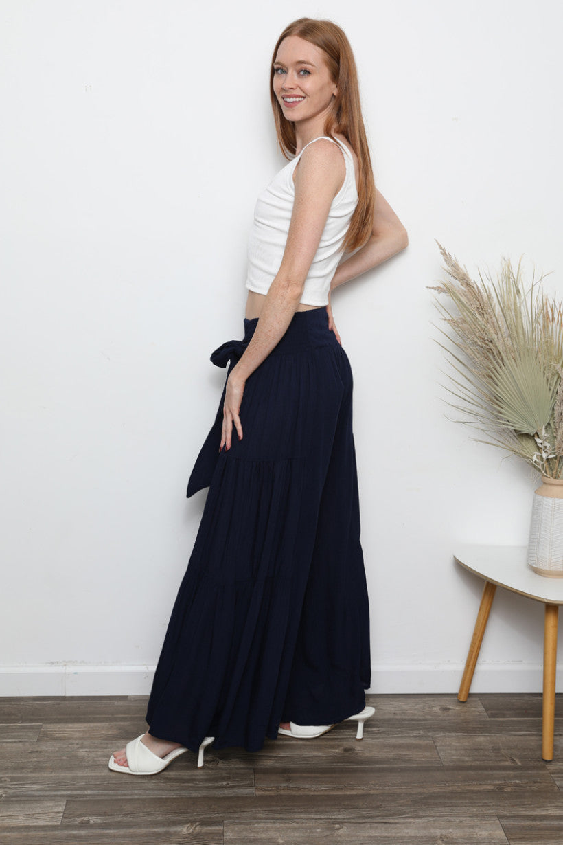 Lennox Comfort Tie Elastic Waist Tiered Wide Leg Black Pant