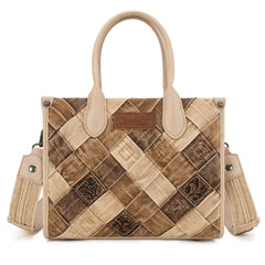 Stylish woven denim and leather trim tote – side view